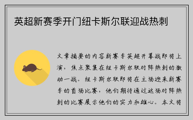 英超新赛季开门纽卡斯尔联迎战热刺