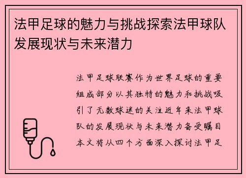 法甲足球的魅力与挑战探索法甲球队发展现状与未来潜力